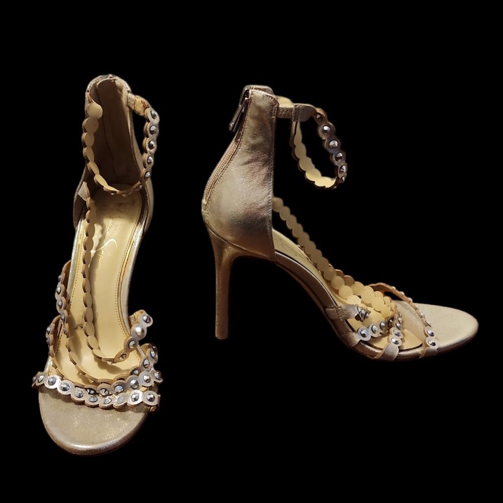 10M Jessica Simpson "Jakkie" Metallic Leather Strappy Embellished Stiletto Heels